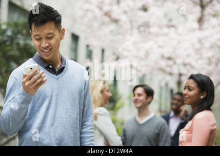 Blick über CityYoung Menschen im Freien im City Park A Mann Überprüfung seiner Handy-vier Personen unter einem Baum in Blüte Stockfoto
