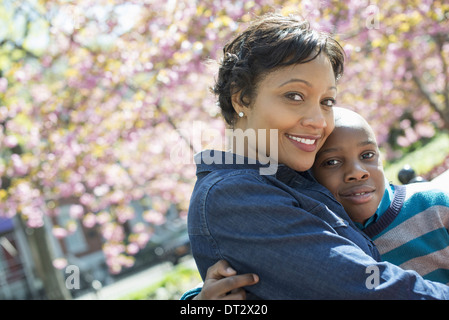 Sonnenschein und Kirschen blühen, Mutter und Sohn Zeit miteinander zu verbringen Stockfoto