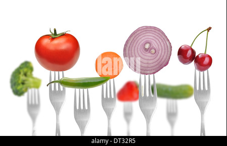 Gemüse und Obst auf die Sammlung von Gabeln, Diät-Konzept Stockfoto