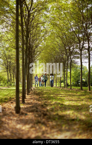 Eine Gruppe von Freunden zu Fuß hinunter eine Allee von Bäumen im Wald