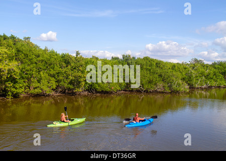 Florida Sanibel Barrier Island, J.N. JN Ding Darling National Wildlife Refuge, Erwachsene Erwachsene Männer Männer männlich, Frau Frauen weibliche Dame, Paar, Kajaks, Kajakfahren, Stockfoto