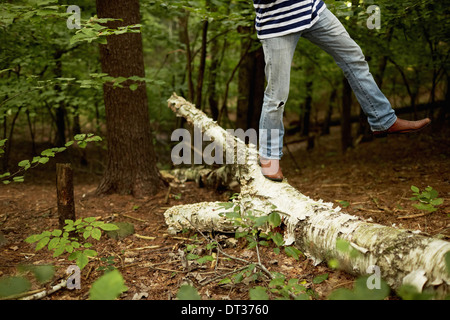 Mann zu Fuß entlang einem gefallenen Baumstamm in die Wälder Bilanzierung Stockfoto