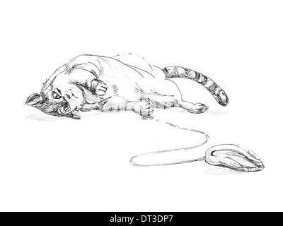 Katze spielt mit Computer-Maus Stockfoto