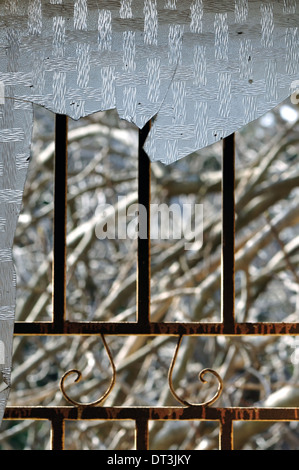 Rostiges Metall Türrahmen und Zweige abstrakten Hintergrund. Fokus auf Glasscherben. Stockfoto