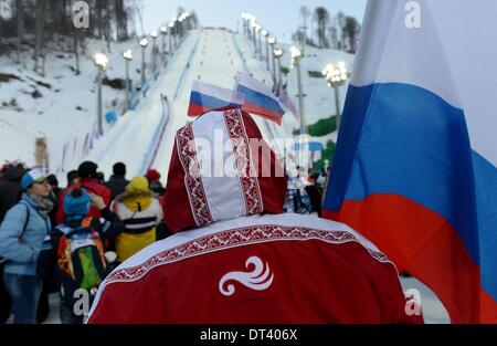 Sotschi, Russland. 6. Februar 2014. Zuschauer während der Ladies Buckelpiste Freestyle Ski Qualifikation in Rosa Khutor Extreme Park an die Olympischen Spiele 2014 in Sotschi, Krasnaja Poljana, Russland, 6. Februar 2014. Foto: Frank May/Dpa/Alamy Live News Stockfoto