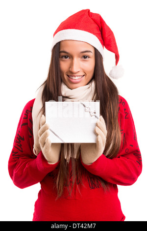 Eine schöne asiatische Frau mit Hut der Weihnachtsmann Geschenke Stockfoto