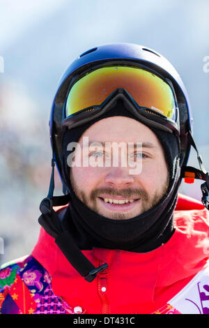 Sotschi, Russland. 8. Februar 2014. 08.02.14 Sotschi, Krasnodar Krai, Rußland. Billy MORGAN (GBR) nach die Männer Slopestyle Snowboard Finale im Rosa Khutor Extreme Park Mountain Cluster - XXII Olympische Spiele Credit: Action Plus Sport Bilder/Alamy Live News Stockfoto