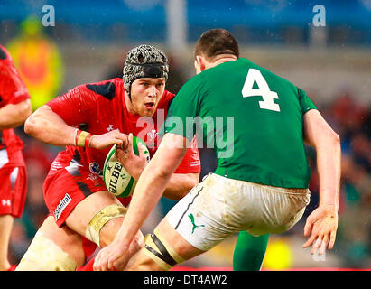 Dublin, Irland. 8. Februar 2014. Dan Lydiate (Wales) Gebühren an Devin Toner (Irland) während der RBS 6 Nations match zwischen Irland und Wales im Aviva Stadium Dublin Credit: Action Plus Sport/Alamy Live News Stockfoto