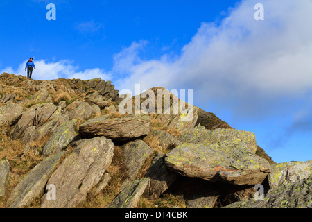 Eine weibliche Walker Abstieg vom Gipfel des Cnicht im Snowdonia National Park, Wales Stockfoto