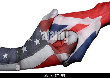Diplomatischen Handshake zwischen den Ländern: Flaggen der Vereinigten Staaten und Großbritannien überdruckte die beiden Hände Stockfoto