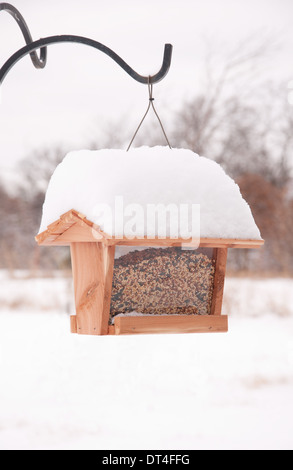 Futterhäuschen gefüllt mit Samen, bei starkem Schneefall im Winter überdacht Stockfoto