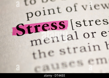 Gefälschte Wörterbuch, Wörterbuch-Definition des Wortes Stress. Stockfoto