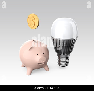 Sparschwein und LED Glühbirne für Energie effizientes Gerät sparen Geld-Konzept Stockfoto