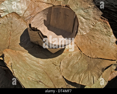 Einfaches Blatt Schalen und andere Utensilien sind traditionell in vielen Teilen von Indien, biologisch abbaubar und billig. Stockfoto