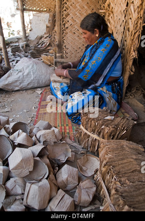 Einfaches Blatt Schalen und andere Utensilien sind traditionell in vielen Teilen von Indien, biologisch abbaubar und billig. Stockfoto