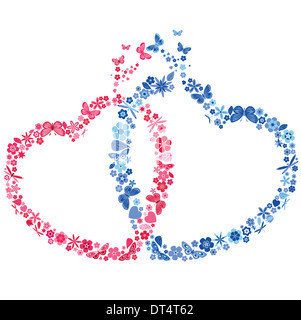 Zwei Herzen mit Blumen und Schmetterlingen. Vektor-illustration Stockfoto