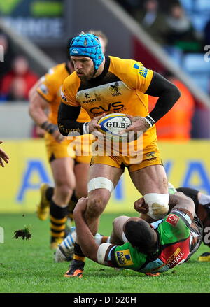 Twickenham, London, UK. 9. Februar 2014. Rugby Union. Aviva Premiership Rugby. James Haskell von London Wasps in Angriff genommen während der Aviva Premiership-Partie zwischen Harlekine und London Wasps in Twickenham Stoop am 9. Februar 2014 in Twickenham, England. Bildnachweis: Aktion Plus Sport/Alamy Live-Nachrichten Stockfoto