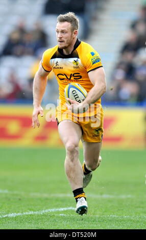 Twickenham, London, UK. 9. Februar 2014. Rugby Union. Aviva Premiership Rugby. James Short Of London Wasps während der Aviva Premiership Spiel zwischen Harlekine und London Wasps in Twickenham Stoop am 9. Februar 2014 in Twickenham, England. Bildnachweis: Aktion Plus Sport/Alamy Live-Nachrichten Stockfoto