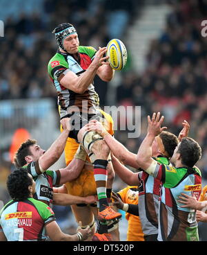 Twickenham, London, UK. 9. Februar 2014. Rugby Union. Aviva Premiership Rugby. Nick Kennedy von Harlekinen gewinnt die Linie während der Aviva Premiership-Partie zwischen Harlekine und London Wasps in Twickenham Stoop auf 9. Februar 2014 in Twickenham, England. Bildnachweis: Aktion Plus Sport/Alamy Live-Nachrichten Stockfoto