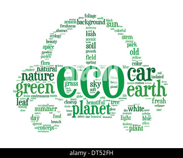 Grün-Elektro-Hybrid-Auto-Infotext (Wolke Wort) besteht in der Form eines Autos auf weißem Hintergrund Stockfoto