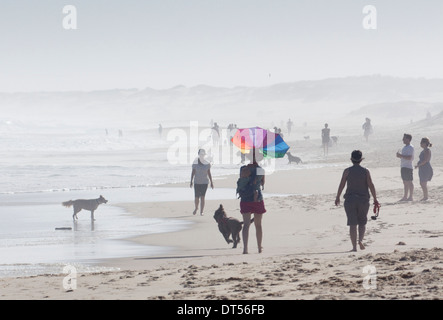 Rothaarige Strand Frau mit Baby auf Rücken Hund spazieren und tragen bunte Sonnenschirm Rothaarige Newcastle NSW Australia Stockfoto