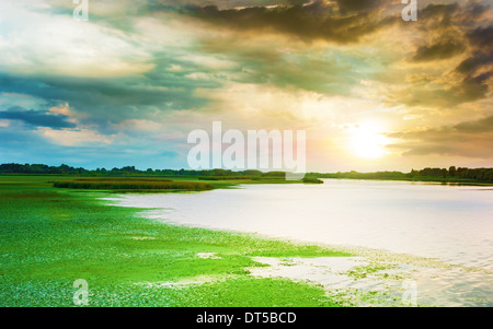 Sonnenuntergang am Theiß-See, Ungarn. Stockfoto