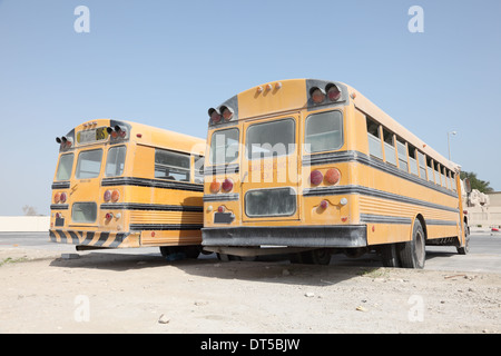 Zwei gelbe Schulbusse auf einem Parkplatz. Doha, Katar, Nahost Stockfoto