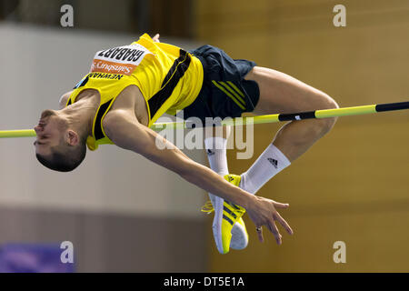 Sheffield, UK. 9. Februar 2014. Robbie GRABARZ Gewinner des Finales Hochsprung Männer, Sainsbury britischen Leichtathletik-Hallenmasters am English Institute of Sport (EIS), Sheffield, England, UK. Bildnachweis: Simon Balson/Alamy Live-Nachrichten Stockfoto