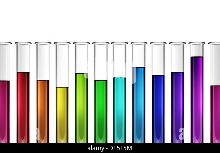viele Reagenzgläser mit regenbogenfarbenen Flüssigkeiten gefüllt in verschiedenen Mengen Stockfoto