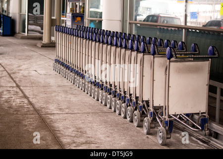 Rückansicht des eine Zeile Gepäckwagen am Terminal 3 am Pearson International Airport in Toronto Ontario Kanada Stockfoto