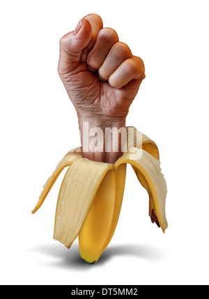 Ernährung macht Food-Konzept mit einer Hand Faust entstehende eine Bananenschale als Metapher für gesunde Ernährung und eine Fit Lebensweise durch den Verzehr von frischem Obst und Gemüse. Stockfoto