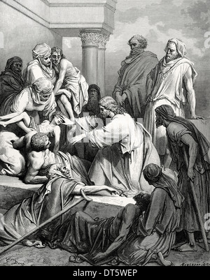 Neuen Testaments. Jesus die Kranken zu heilen. Evangelium des Matthäus, Kapitel IV, Vers 23-25. Zeichnung von Gustave Dore. Gravur. Stockfoto