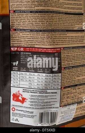 Acana-Korn kostenlos Katzenfutter, Nahaufnahme von Verpackung Zutaten Details Stockfoto