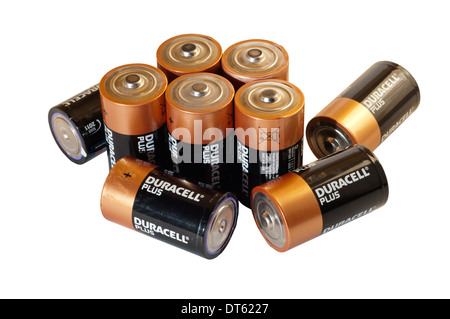 Neun Duracell D Type Akkus für den Einsatz in tragbaren Elektrogeräte. Stockfoto