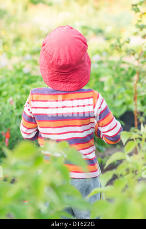 Ruhigen Sommer-Szene. Junge Mädchen stehen im Garten, beobachten, Pflanzen und Blumen. Stockfoto