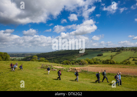 Wanderer auf dem Weg von Winchcombe während Wanderfest, Cotswolds, UK Stockfoto