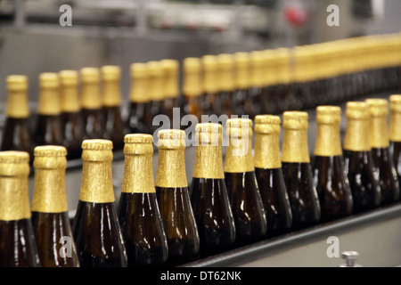 Bierflaschen auf Förderband in Brauerei Stockfoto