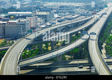 Luftaufnahme der Stadt Überführung am frühen Morgen, Hong Kong, Asien China Stockfoto