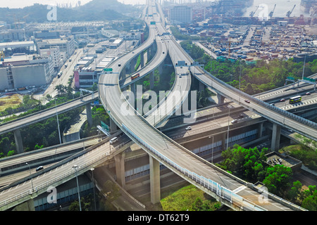 Luftaufnahme der Stadt Überführung am frühen Morgen, Hong Kong, Asien China Stockfoto