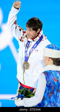 Tschechische Biathlonist Jaroslav Soukup wird mit der Bronzemedaille bei der Siegerehrung nach dem Männer 10 k Biathlon Sprint bei den Olympischen Winterspielen 2014 9. Februar 2014, in Sotschi, Russland gesehen. (CTK Foto/römische Vondrous) Stockfoto