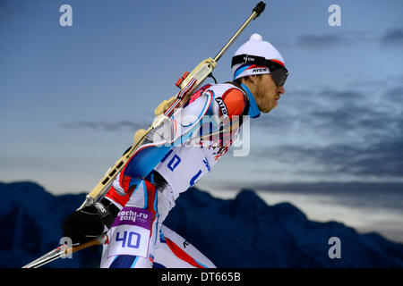 Sotschi, Russland. 8. Februar 2014. Tschechische Biathlonist Jaroslav Soukup ist während der Männer Biathlon-10 k-Sprint bei den Olympischen Winterspielen 2014 8. Februar 2014, in Krasnaya Polyana, Russland gesehen. Jaroslav Soukup gewann die Bronzemedaille. (CTK Foto/römische Vondrous/Alamy Live News) Stockfoto