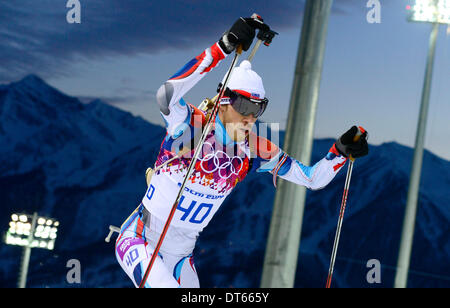 Sotschi, Russland. 8. Februar 2014. Tschechische Biathlonist Jaroslav Soukup ist während der Männer Biathlon-10 k-Sprint bei den Olympischen Winterspielen 2014 8. Februar 2014, in Krasnaya Polyana, Russland gesehen. Jaroslav Soukup gewann die Bronzemedaille. (CTK Foto/römische Vondrous/Alamy Live News) Stockfoto