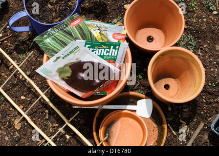 Gartenarbeit-Konzept, Gemüsesaatgut Pakete mit Pflanzen Töpfe und Boden in der Natur. Stockfoto