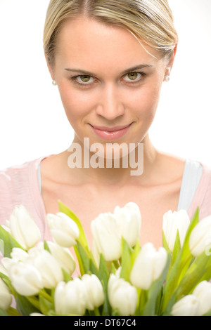 Romantische Frau mit Blumenstrauß weiße Tulpe Stockfoto