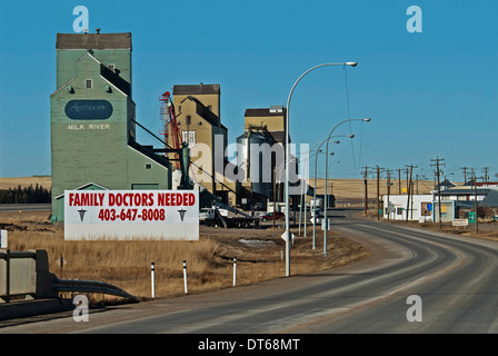 Kanada, Alberta, Milk River, alte hölzerne Getreidesilos oder Aufzüge noch im Einsatz, großes Schild kündigt Hausärztinnen und Hausärzte benötigt. Stockfoto