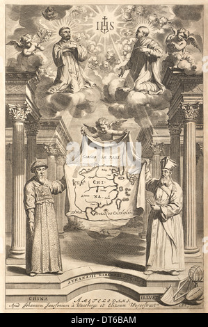 Frontispiz von China illustriert 1667 von Athanasius Kircher (1602-1680) featuring Matteo Ricci (1552-1610) & konvertieren. Stockfoto