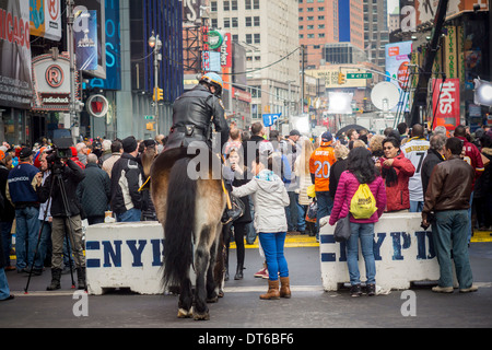 Ein berittener NYPD Offizier unterhält Touristen auf dem Times Square in New York auf Sonntag, 2. Februar 2014. (© Richard B. Levine) Stockfoto