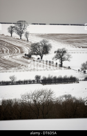 Schnee bedeckte Kulturlandschaft des East Yorkshire Wolds in der Nähe von Wharram Percy Stockfoto