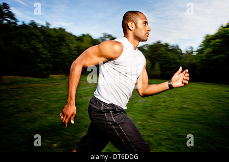 Mann im Wald joggen Stockfoto