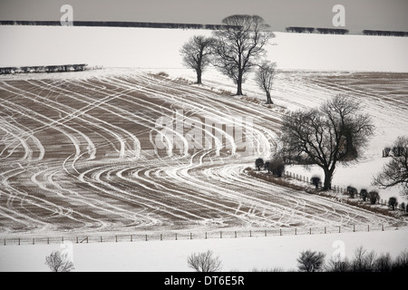 Schnee bedeckte Kulturlandschaft des East Yorkshire Wolds in der Nähe von Wharram Percy Stockfoto